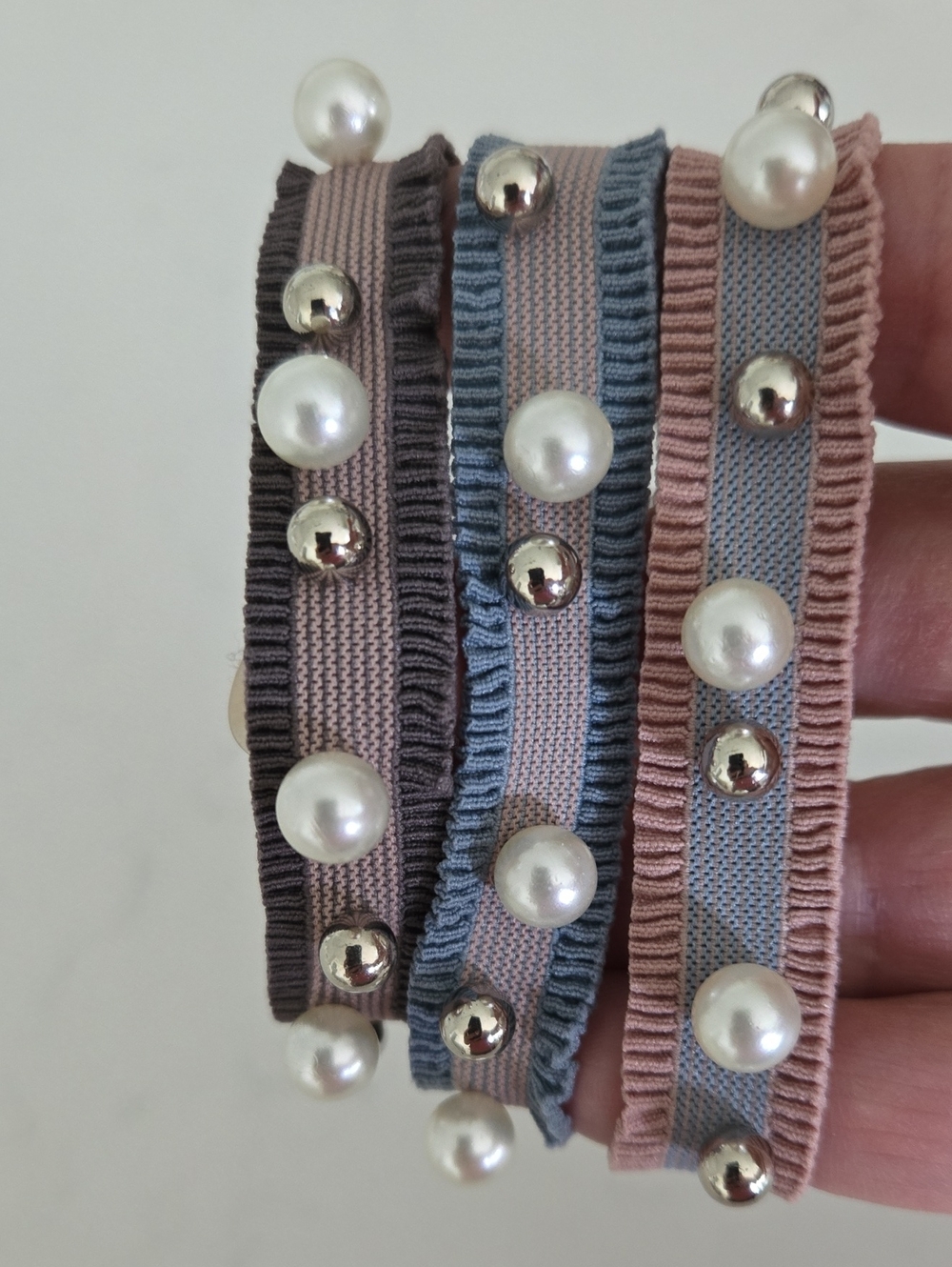 New ruffled fabric hair ties embellished delicate faux pearls & silver Beads X3